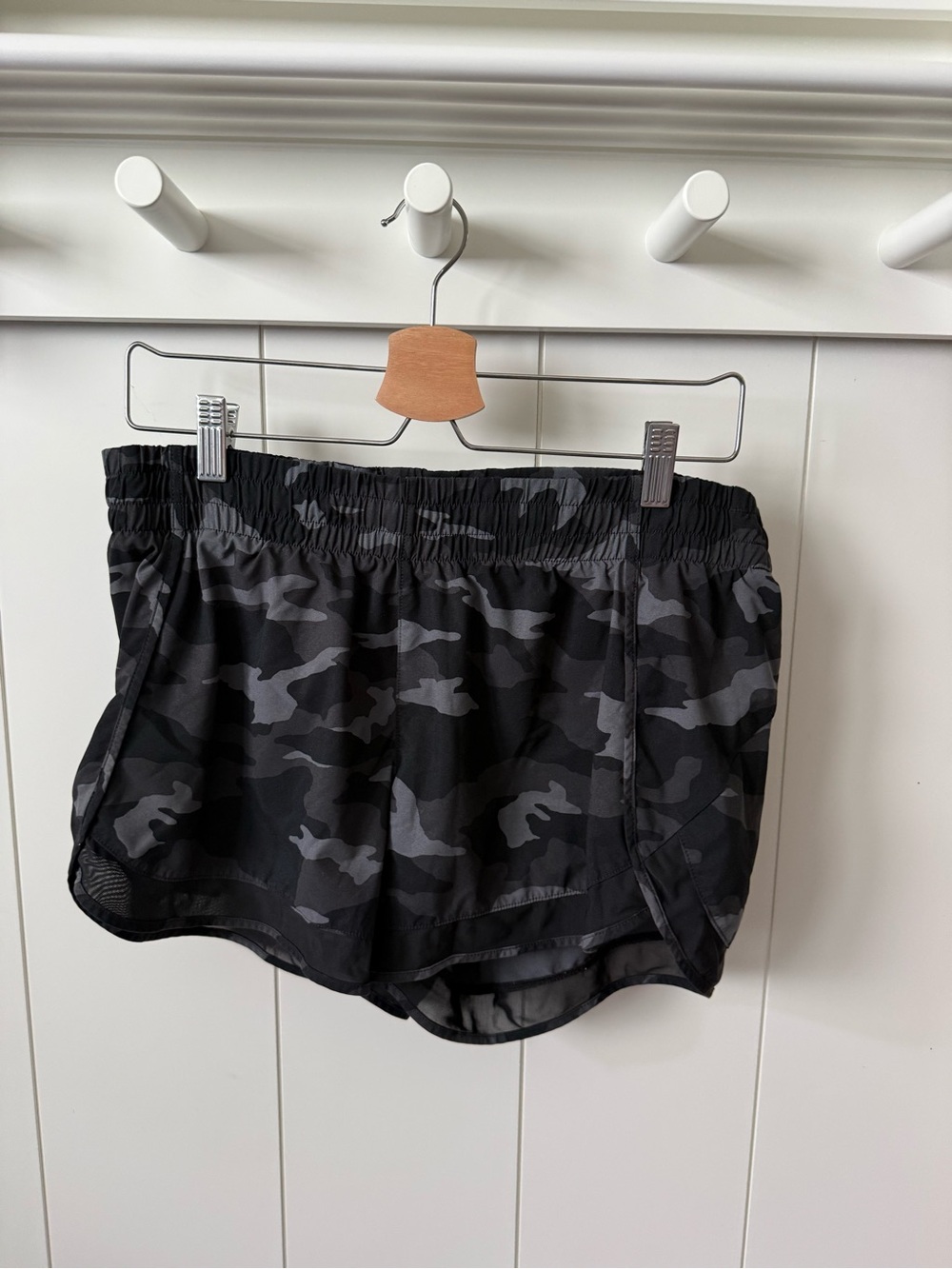 Athleta Black with Charcoal Camo Accent Running Shorts